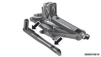Remove the scissors jack and wheel bolt wrench from the spare wheel as an assembly. Turn the jack screw to the left to loosen the wheel bolt wrench, and remove the wrench from the jack assembly.