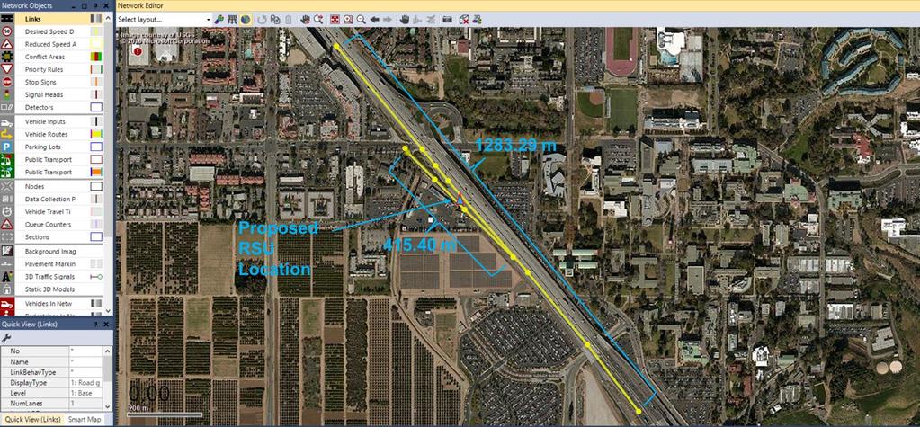 Figure 5. Vissim GUI view of the traffic simulation network based on the on-ramp from University Avenue to Moreno Valley Freeway/Escondido Freeway (CA-60 E/I- 215 S).