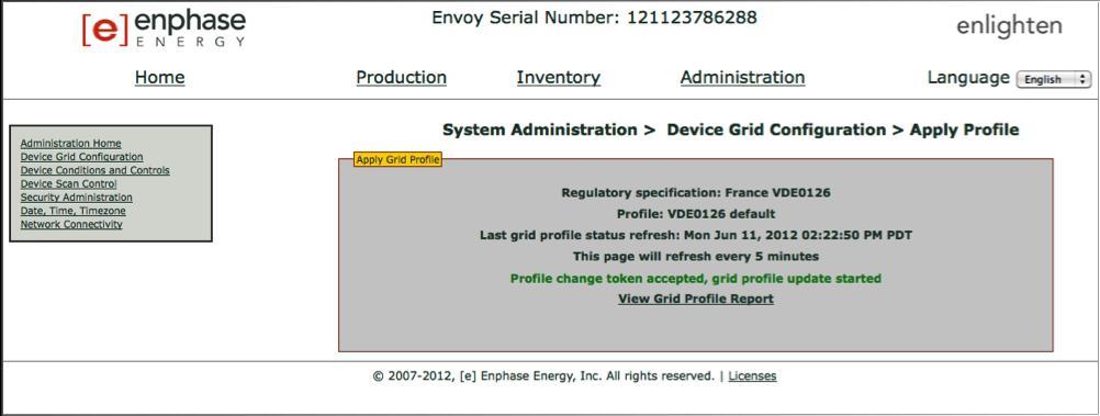 The Apply Profile screen appears. This screen allows you to generate a report to confirm that the microinverters have been set with an updated grid profile. 15. Click View Device Profile Report.