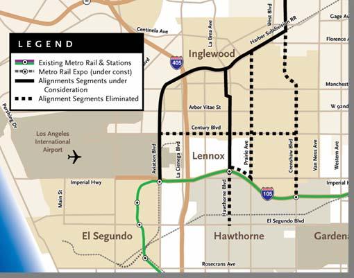 Initial Screening Southern Section Eliminated Alignment Segments Crenshaw Blvd. Grade issues for LRT Narrow right-of-way Lack of support Community impacts Century Blvd.
