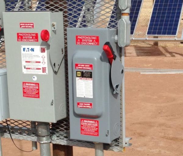 Figure 7. Examples of DC safety disconnect switch boxes. The one on the left is part of an active solar array.