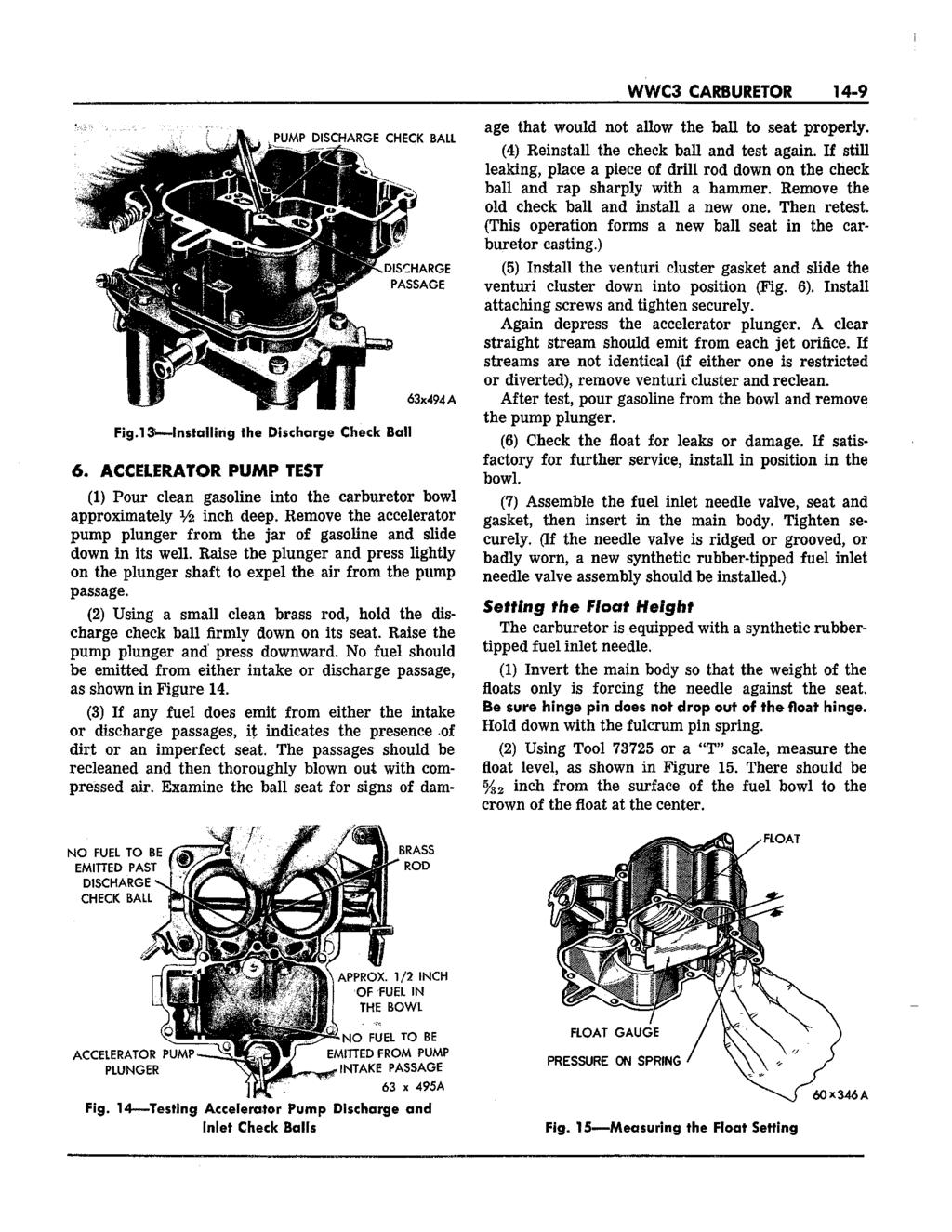 WWC3 CARBURETOR 14-9 Fig.l3< -Installing the Discharge Check Ball 6. ACCELERATOR PUMP TEST (1) Pour clean gasoline into the carburetor bowl approximately V2 inch deep.