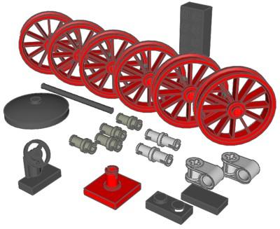 Non-LEGO-parts are the exchange motor, the aluminum rings, a brass axle of 3mm diameter, some cable, black sticker foil for the doors, white sticker foil for the ring-like markings on the buffers,