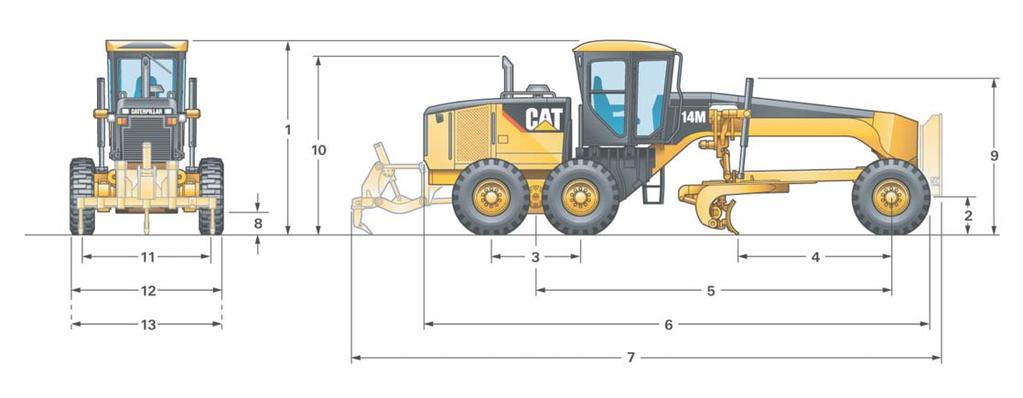 14M Motor Grader Specifications Dimensions 1 Height Top of Cab 3535 mm 139 in Height Top of Cab Product Link (cell) 3747 mm 148 in 2 Height Front Axle Center 630 mm 24.