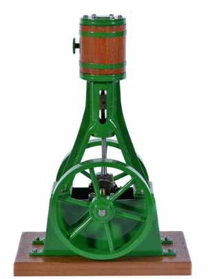 beam, steam control valve and spoked flywheel 16.5 cm diameter, finished in green paintwork, supported on hardwood stand measuring 27cm x 12cm, overall 29cm high.