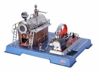 simulated brickwork chimney. The boiler feeding a horizontal, single cylinder, live steam mill engine having steam inlet control, balanced crank and spoked flywheel.