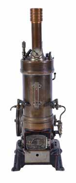 125 An early 20th century German live steam boiler with mounted single cylinder steam engine, the vertical boiler with fittings including pressure gauge, weight operated safety valve, whistle, water
