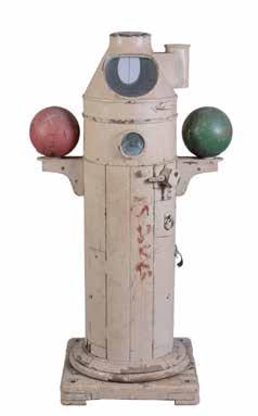 149 A ships binnacle, the galvanised hood enclosing the binnacle compass flanked by red and green navigation balls and mounted on circular wooden column with cast metal based and moulded bottom edge
