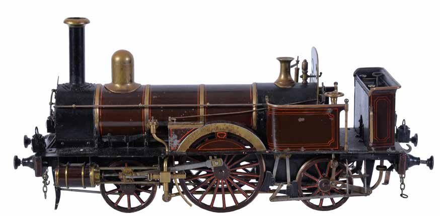 11 A rare 3 ½ inch gauge historic model of a live steam 2-2-2 locomotive, having multi-tube boiler, no fire-grate or burner present. Salter s type safety valves and whistle with hand lever.