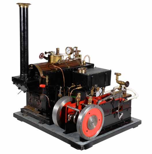 68 A well-engineered twin simple horizontal mill engine and associated live steam horizontal boiler, The engine with 19cm diameter twin disc flywheels, balanced crank, eccentric driven steam valve
