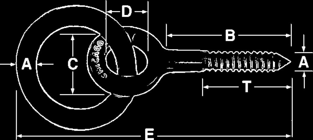 FOR LIFTING APPLICATIONS. REGULAR SCREW THREAD (A) & O.D. Eye I.D. Eye I.D. Eye Overall Thread Per Shank Length (B) of Bolt (C) of Bolt (D) of Rg Length (E) Length (T) 100 pcs 1/4" x 2" 09005 6 1" 1/2" 1-3/4" 4-3/4" 1-1/2" 16.