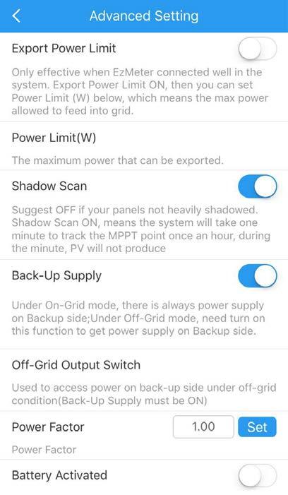 Advanced Setting NOTE: Advanced settings are used special use like Power Limit & Back-Up Function.