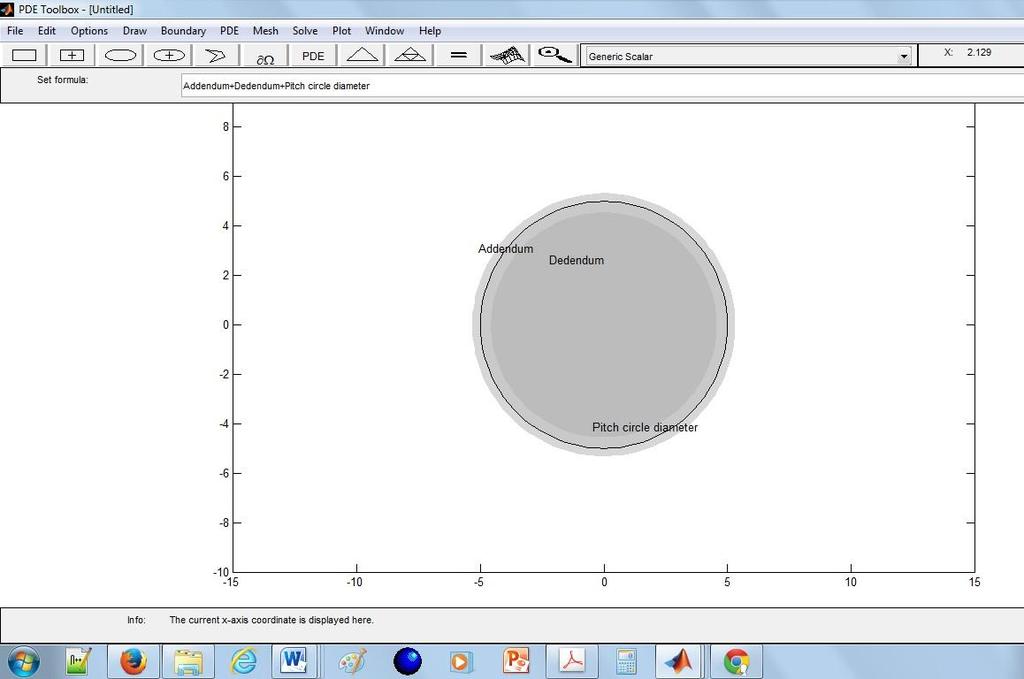 Gear output parameters (RESULT) 1. pitch circle diameter = 10.000000 2. face width = 9.700000 3. Deddendum circle diameter = 9.120000 4. Addendum circle diameter = 10.640000 5. Centre distance = 19.