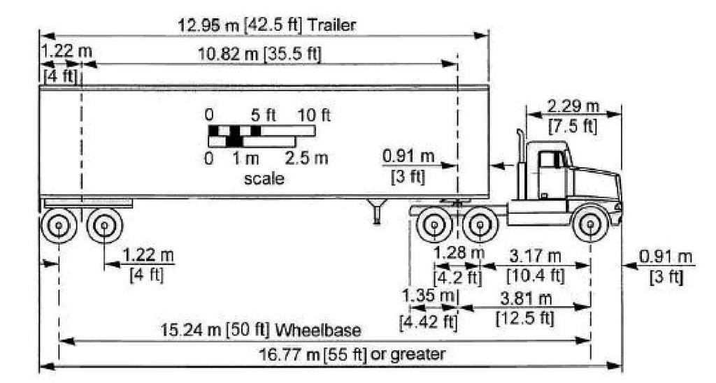 Figure 3 Typical dimensions of a 55 ft interstate tractor semitrailer (AASHTO, 2011) In South Africa the maximum allowable vehicle width is 2.