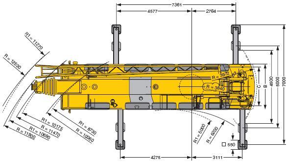 Figure 9: Liebherr LTM 1100 Operation Dimensions (c) Hidrokon HK 225: 75 ton capacity HK 225 has 43,91 ton lifting capacity under 75 percentage of efficiency in 4,83 m radius.