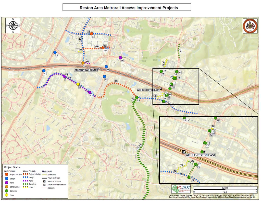 County of Fairfax, Virginia Pedestrian and Bicycle Connections Reston Metrorail Access Group Recommendations Phases I and II More than 40 pedestrian and bicycle recommendations Implementation