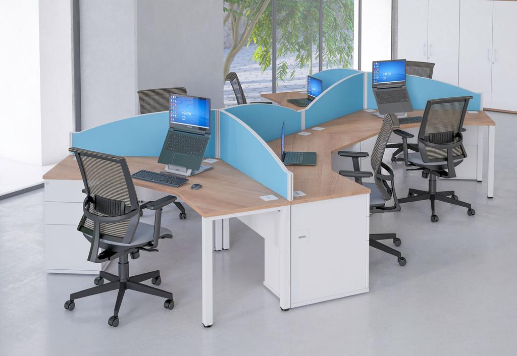 The Pure 120 segment combination desk saves vital office space when creating groups of 3 workstations due to the