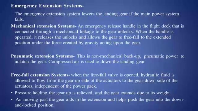 (Refer Slide Time: 39:09) Now, the emergency extension systems; the emergency extension system lowers the landing gear, if the main power system fails.