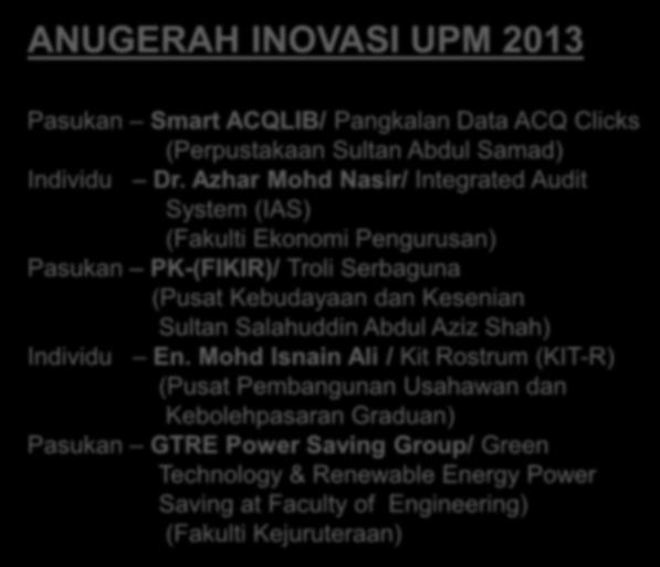 ANUGERAH INOVASI UPM 2013 Pasukan Smart ACQLIB/ Pangkalan Data ACQ Clicks (Perpustakaan Sultan Abdul Samad) Individu Dr.