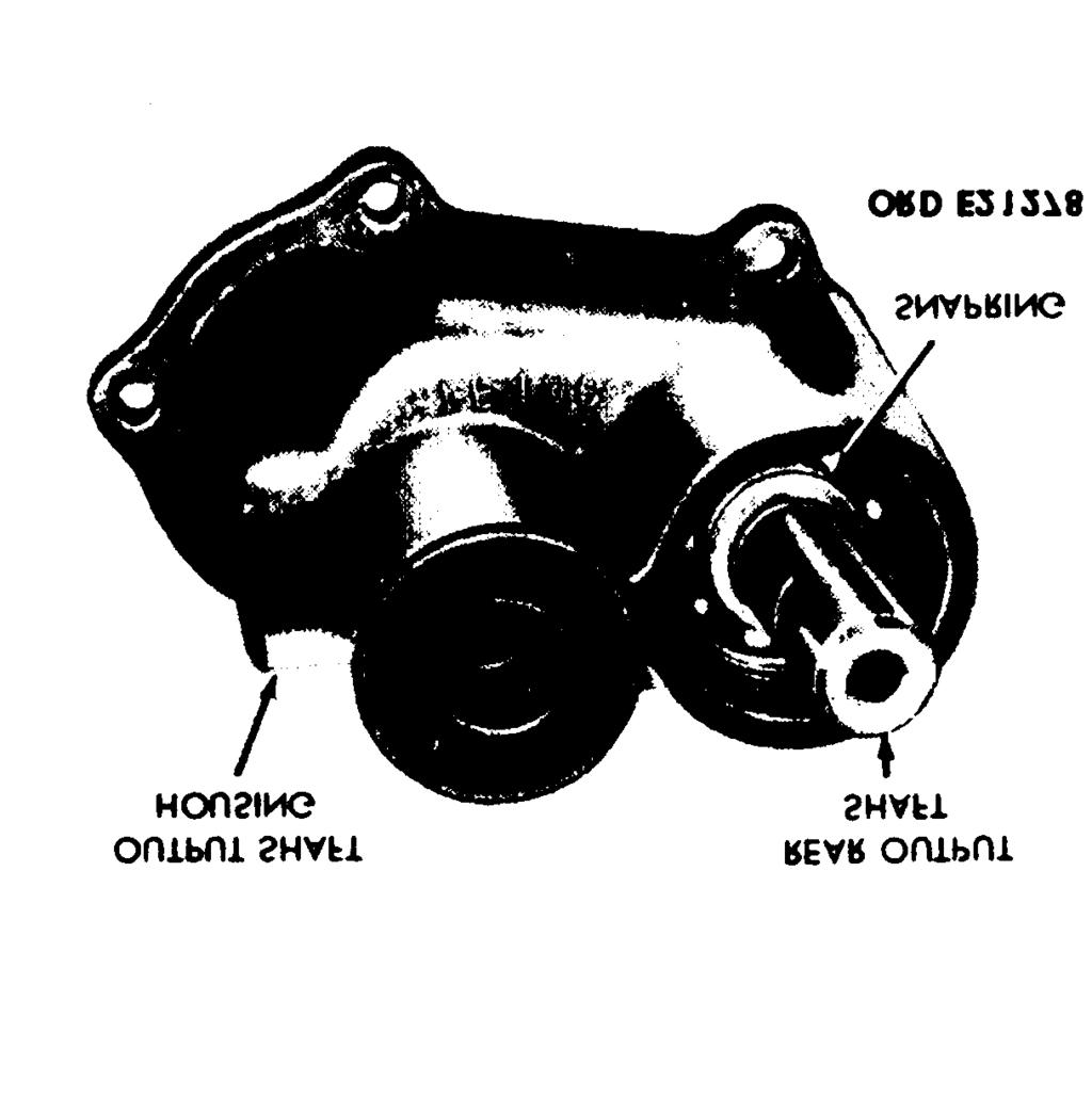 (1) Using a pair of snapring pliers, remove the output shaft snapring securing the shaft to the bearing. (See fig. 5-23.) Figure 5-23.