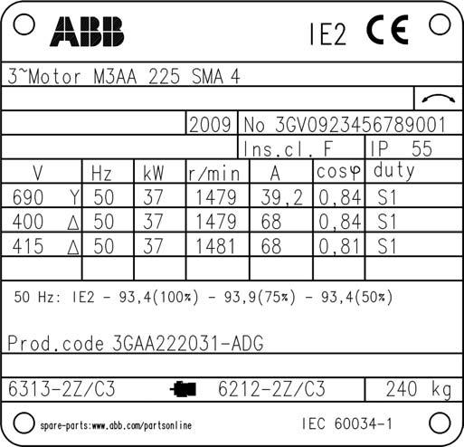 Rating plates The rating plate is in table form giving values for speed, current and power factor for three voltages.