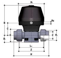 Pneumatically actuated diaphragm valve, Normally Open - Double-Acting, with female union ends for solvent welding, BS series, code 31, PVC-U DN MA PN B B 1 C E H H 1 La R 1 R a Z NO-DA 25 25 10