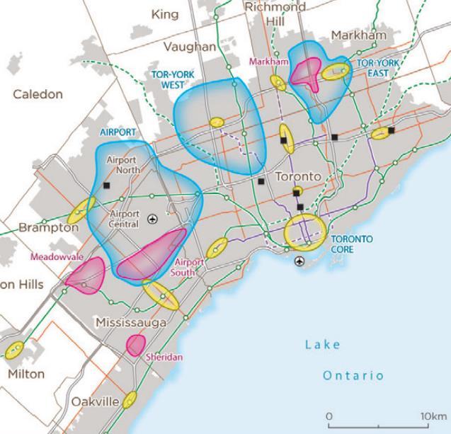 SUBURBAN EMPLOYMENT AREAS These three employment areas ringing Toronto cover over 500,000 jobs Nearly 95% of commuting trips to these areas are made by car These large employment areas are poorly
