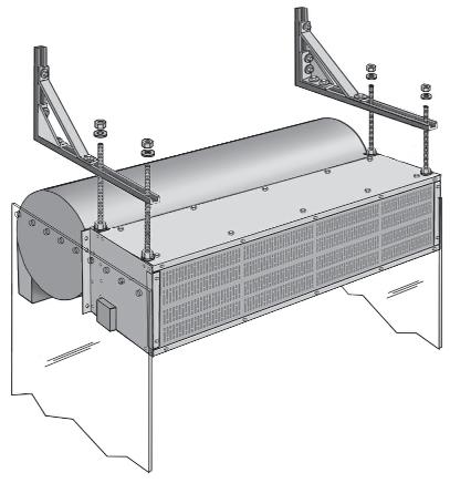 6. Because the take-up canister on a roll-up door interferes with the proper positioning of the air curtain, side baffles must be used. (See Fig.