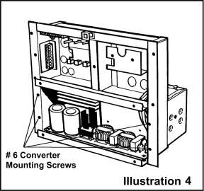 6. Pull the red (if equipped), white and blue DC wires into the lower converter section. SECTION 5, CONVERTER SECTION REMOVAL 1. Remove the four #6 converter mounting screws shown in illustration 4.