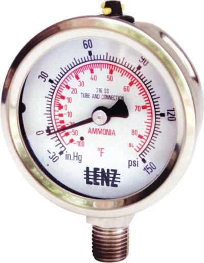 AMM-25 Refrigeration Ammonia Pressure Gauges Dial Size: 2 1 /2" (Dry Case) Ranges: 30" to 300 PSI/F (Dual Scale) Accuracy: Within 1.