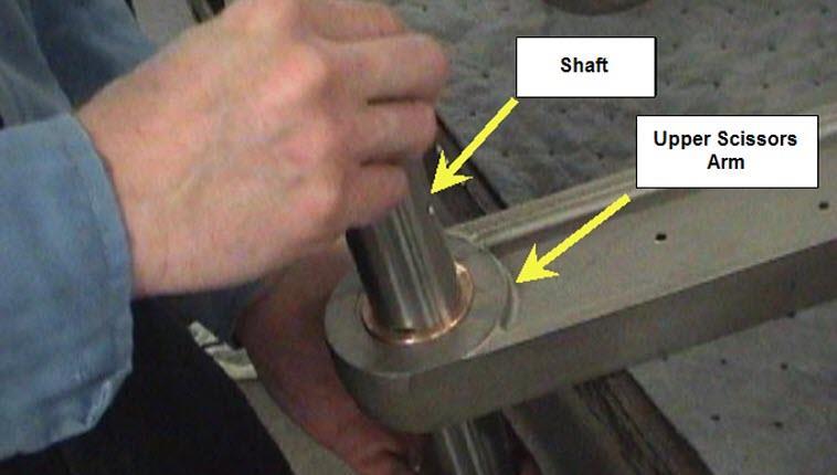 Step 2. Check center shaft/scissor arm/ eccentric fit. 2.1. Check the fit of the center shaft to upper scissor arms by sliding the center shaft through the bearing races. (See below.) 2.2. Carefully align the shaft with the bushing and slide it through to check the fit.