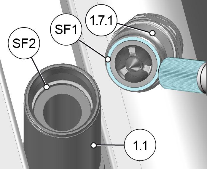 2) pply spotting ink on the nozzle tip (1.7.1) bottom surface (SF1). 3) Screw in the nozzle tip (1.7.1) hand-tight into the nozzle body (1.1) until seated. 4) Unscrew the nozzle tip (1.7.1) from the nozzle body (1.