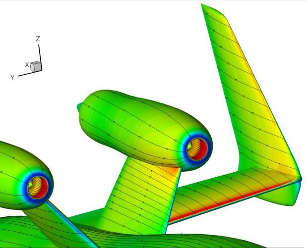 Cp Propeller switched off Propeller switched on Figure 70: Cp distribution and limiting streamlines, M=0.
