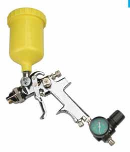 With adjustable spray pattern (round, wide, swivelling nozzle head), set screw to limit paint volume and precisely dosable trigger, air flow valve. Includes mini pressure regulator with gauge.