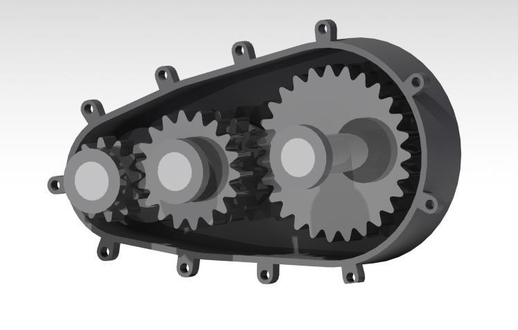 4.2. Two Stages Spur Gears For this design four different steel gears, three equal steel shafts, six equal bearings and an aluminum housing are considered.