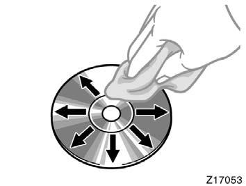 Z17053 To clean a compact disc: Wipe it with a soft, lint free cloth that has been dampened with water. Wipe in a straight line from the center to the edge of the disc (not in circles).