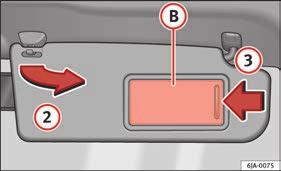 The sun visors for the driver and the front passenger can be pulled out of their central supports and turned towards the doors in the direction of arrow 1 Fig. 138 and 2 Fig. 139 respectively.