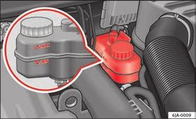 Read off the coolant level on coolant expansion tank Fig. 208. When the engine is cold, the coolant should be between marks B (min.) and A (max.). When the engine is hot, it may be slightly above mark A (max.