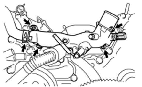 Fig. 13-5 (g) Remove the 4 nuts, front coolant crossover manifold and 2 gaskets (Fig. 13-5). (1) Retain the nuts and gaskets. (2) Discard the coolant crossover manifold.