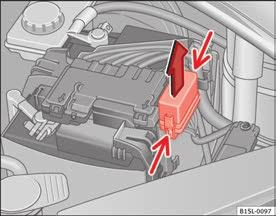 or transparent 25 Green 30 Orange 40 Opening and closing the fuse box situated below the dash panel Opening: press the unlock button Fig. 147 1 until it is possible to open the cover.