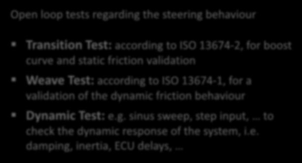 at certain vehicle speeds Open loop tests regarding the steering behaviour Transition Test: according to ISO 13674-2, for boost curve and static friction validation Weave Test: according