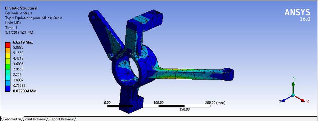 Fig 4.4 Equivalent Stress V. RESULT The previous model of steering knuckle component which is made up of EN 8 have max yield strength 650 MPa and mass is about 3.51kg.