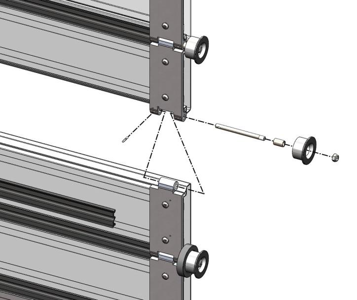 8. Once the hinges of the panel sections are aligned insert the hinge axles as shown. The threaded end must be on the outside of the panel and the through hole on the panel inside.