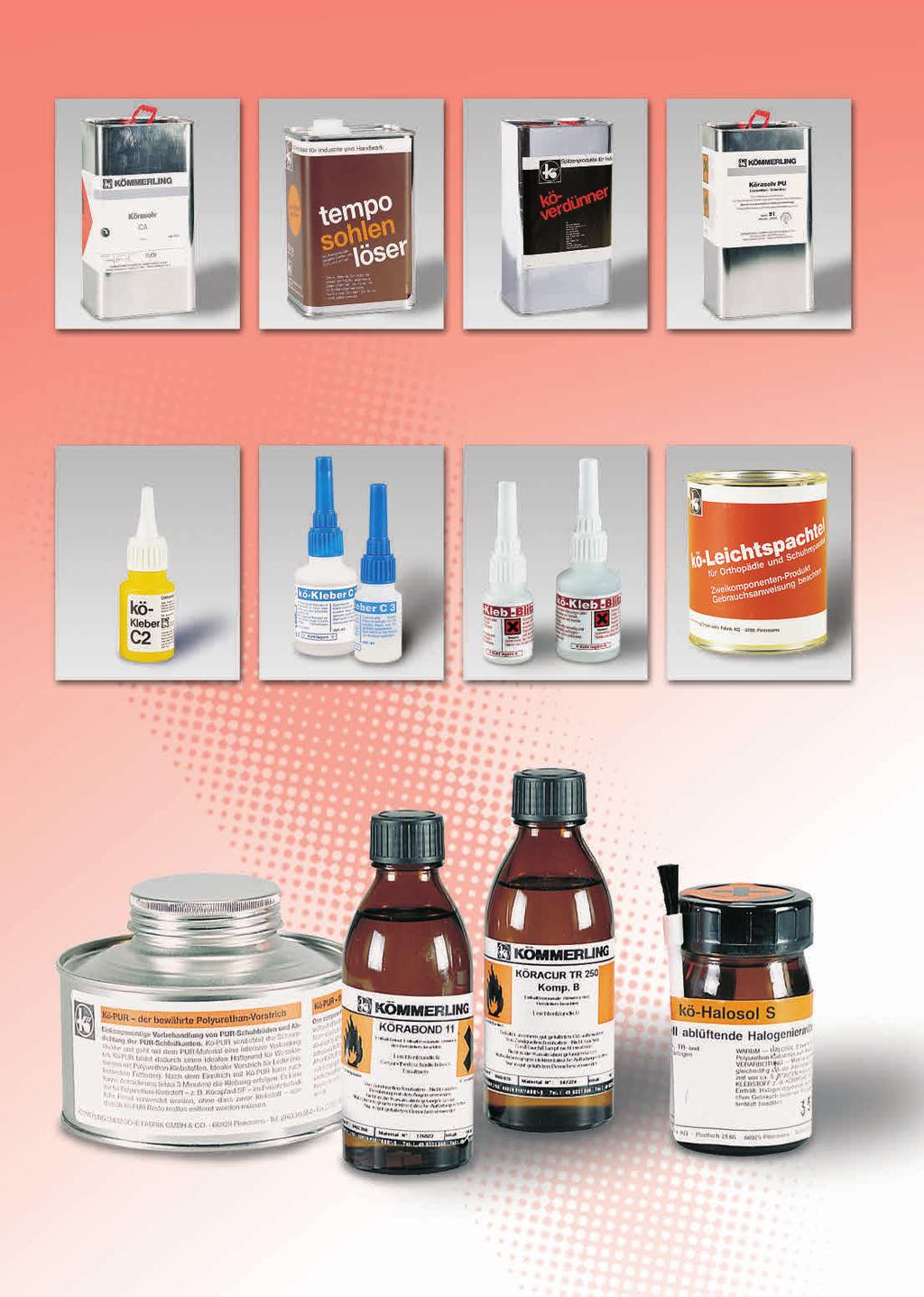 Chemical Products 4. 08 151 530 990 00 Körasolv CA solvent for PU, toluene-free canister 1 l, 5 l, 10 l 151 192 580 00 Kö Tempo sole remover universally suitable sole remover canister 0.