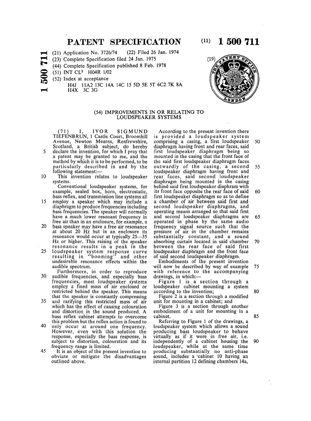 PATENT SPECIFICATION (21) Application No. 3726174 (22) Filed 26 Jan. 1974 (23) Complete Specification filed 24 Jan. 1975 (44) Complete Specification published 8 Feb.