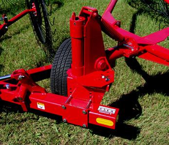 Bush Hog Features EWR Wheel V Rakes are available in 8 and 10 wheel models. Standard Lift Cylinder allows easy transport in the narrow, folded position.