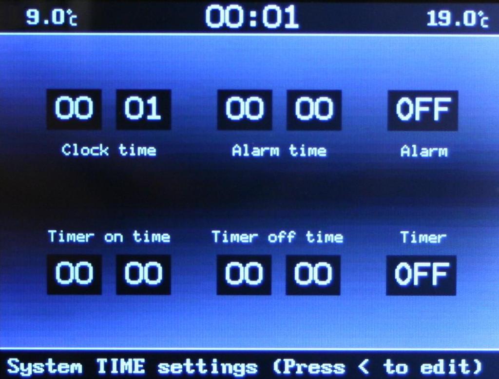 4.4 Large Clock Screen This screen shows a large display clock in 24 hour format. 4.4.5 Time and Timer Event Settings Screen This screen is used to adjust any of the system times and to set the alarm clock or event timer.