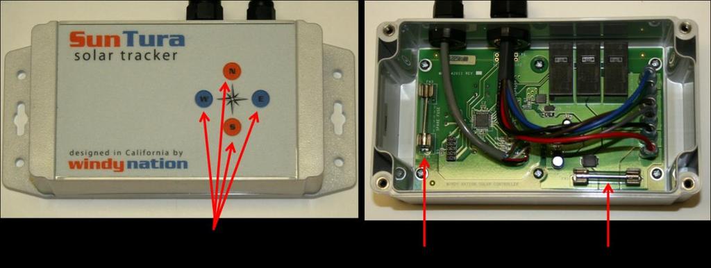 Additionally, there are four buttons on the top of the Electronics Box which allow one to manually move the linear actuators in the north, south, east and west directions. See Figure 2 below.