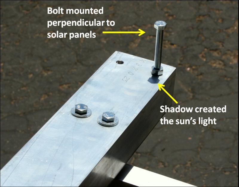 Figure 7: Bolt mounted perpendicular to solar panel angle. The LED s on the Photo Sensor circuit board can be slightly adjusted to fine tune the accuracy of the solar tracking.