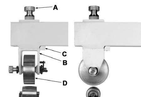 To rotate upper wheel: Refer to Figure 7. 6. Remove the lower wheel to provide clearance for the following steps. 7. Turn the upper wheel knob (A) counterclockwise to lower the upper wheel bracket (B) below the frame block (C).